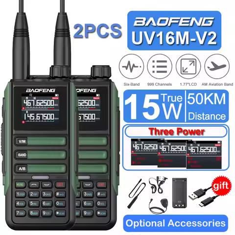2pcs Baofeng UV16M 50KM Tactical Headsets Walkie Talkie 999CH AM FM 2-Way Radio Full Band LCD Screen