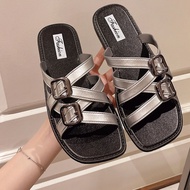 Nữ Nhẹ Đáy Bằng Giày Sandal Phong Cách Bohemian Chống Trơn Trượt Khóa Chữ Thập Trơn Phong Cách La Mã