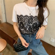 Lace splicing cotton short sleeve white T-shirt women 2023 summer clothes new Korean version of loose style half sleeve top
