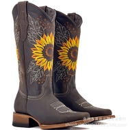 Ka5 Autumn/Winter Large Size Women's Rider Boots with Sunflower Embroidery - Square Toe, Thick Heel,