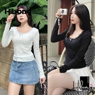 Round Neck Long Sleeve T-shirt With Lace Border For Women, Korean Style Smooth Babytee T-Shirt HIBONG