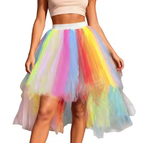 Women's Asymmetric Ballet Dance Tutu Skirt 80s Party Evening Prom Dress Underskirt Rainbow Puffy Tie