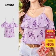 Lovito Boho Blouse Ruffle Spring/summer Purple Blouse for Women BLK8P1D558 Lovito Boho Blouse Ruffle