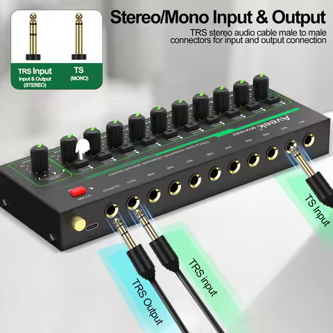 Aveek 10 Channel Mixer - Mini 10 Stereo Audio Mixer, Low-Noise for Precision Sub-Mixing,1/4" TRS Inp