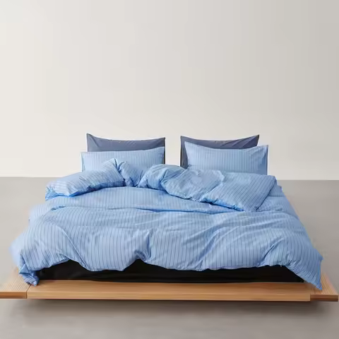 Light Blue Minimalist Style Line Print Cotton Duvet Cover Three-Piece Set (2 Pillowcases + 1 Duvet C