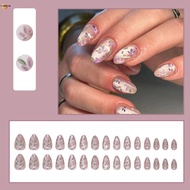 Cat Eyes Almond Fake Nails with Flower Printed Natural Unbreakable Nail Simple Wear for Shopping Tra