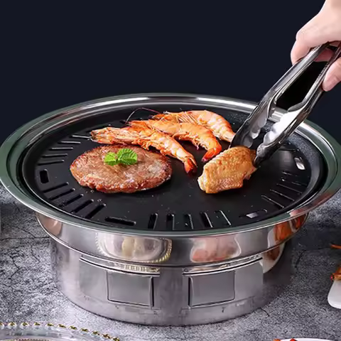 Stainless Steel BBQ Grill Set, Korean-Style Barbecue Tabletop Grill Bharbon with Grilling Net for Ho