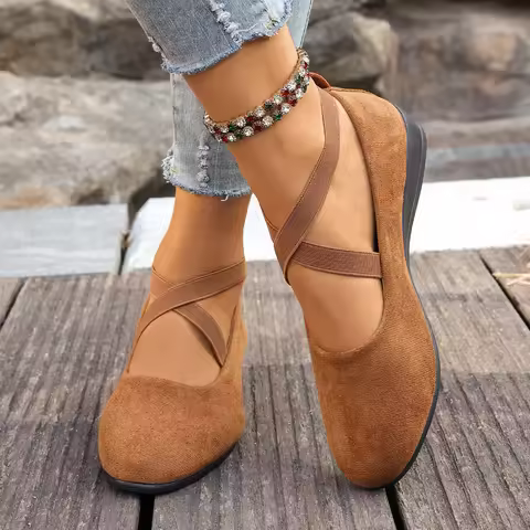 Women Suede Criss Cross Elastic Strap Wedge Shoes Vintage Closed Toe Ballet Low Wedge Heel Casual Da