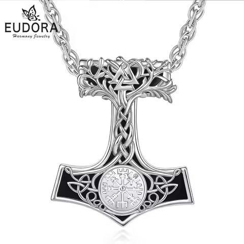Eudora Obsidian Mjolnir Thors Hammer Necklace Viking Compass Yggdrasil Pendant Tree of Life Jewelry 
