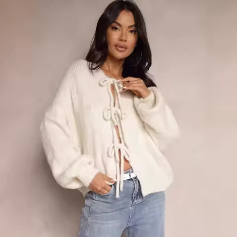 OMCHION Sueter Mujer 2026 Soft Fashion Jumper Knitwear Solid Color Lace-up Sweater Fall Winter Loose