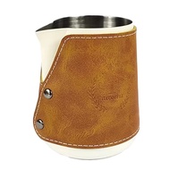 400ml Stainless Steel Milk Frothing Jug with Leather Cover - Vintage Style Coffee Art Pitcher for La