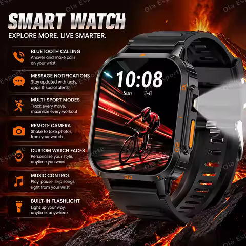 Military Outdoor Flashlight Smart Watch Men's GPS Track BT Call 1.83" AMOLED Screen Waterproof Sport
