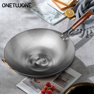 Onetwone Chinese Traditional Handmade Wok 32/34cm iron pan uncoated Pot cooking pan with wooden handle household cooked iron pan with round bottom frying pan