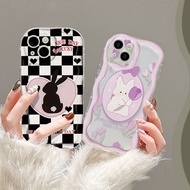 For iPhone 11 Pro Max iPhone 12 Pro Max iPhone 13 Pro Max iPhone 14 Pro Max Cute Cartoon Rabbit Plaid Flower Wave Border Phone Casing Soft Back Cover