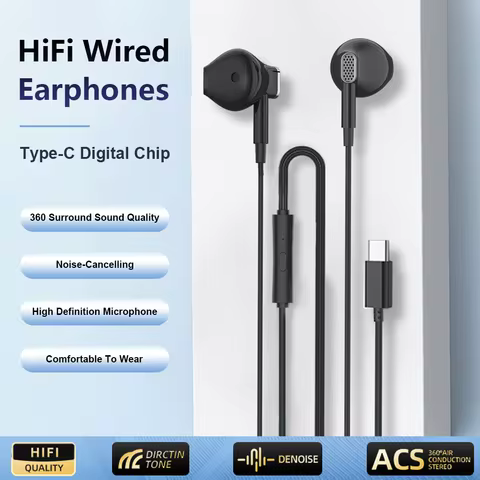 Type C Wired Headphones With Microphone 9D HiFi Stereo Earphones Music Headset For Samsung Galaxy S2