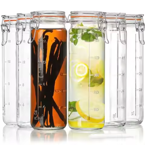 [Upgraded] 20 oz Glass Jars with Airtight Lids for Vanilla Extract 6 Pack Glass Juice Bottles with 2