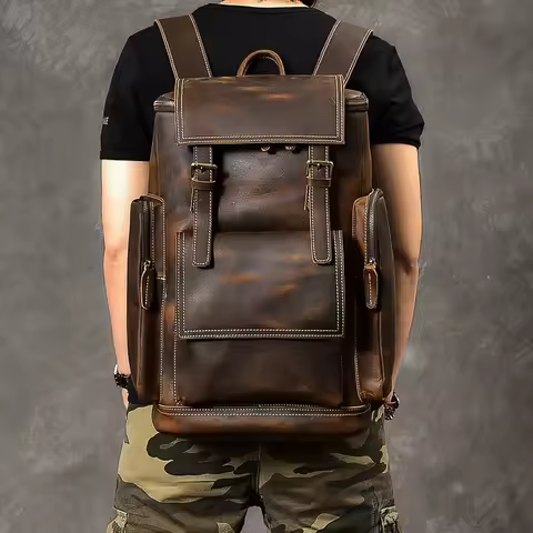 Vintage Crazy Horse Genuine Leather Backpack Men Leather Bagpack Climbing Rucksack male Large Hiking