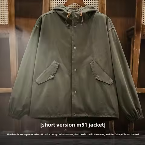 Maden Vintage Fishtail Loose Green M51 Hooded Jacket Men's Short Overcoat Versatile Outwear Pockets 