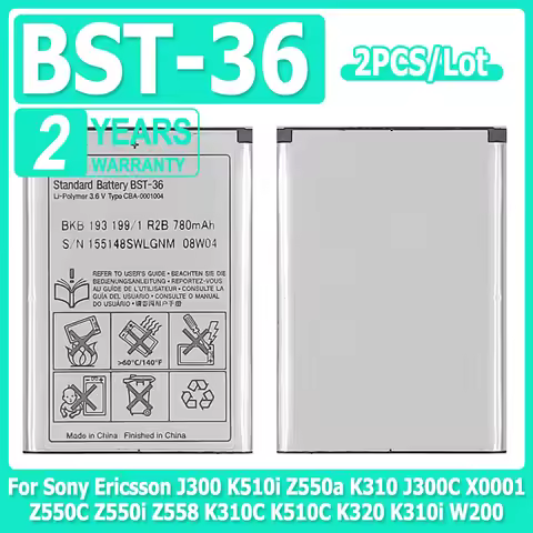 2pcs/lot Battery BST-36 780mAh For Sony Ericsson J300 K510i Z550a K310 J300C X0001 Z550C Z550i Z558 
