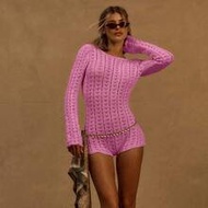 Crochet Knit Fitted Playsuit Ibiza Outfit, สำหรับวันหยุด, ฤดูใบไม้ผลิ, ฤดูร้อน, วันหยุดพักผ่อน, ชายห