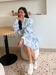 P010-189 PIMNADACLOSET - Crew Neck Ruffle Front Tie Long Sleeve Print A-Line Short Dress