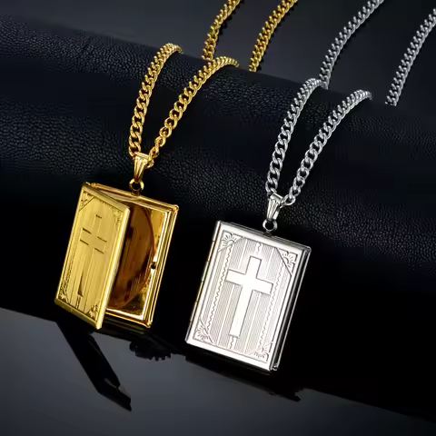 Jesus Cross Necklace Jewelry For Men Women Gold-Color Steel Chain Male Photo Locket Style Jesus Cruc