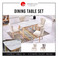 1+4 MARBLE DINING TABLE SET / DINING CHAIR WITTH SOLID RUBBER WOOD FRAME [FREE DELIVERY AND INSTALLATION]