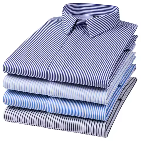 7XL Elasticity Mens Shirts Long Sleeve Big Sizes Anti-wrinkle Business Stripe Shirt Hidden Button Cl