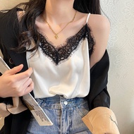【现货】吊带背心女外穿夏季睫毛蕾丝V领宽松打底衫上衣吊带遮肚子胖mm5.8bx 【In stock】Women's summer camisole top with eyelash lace, V-n