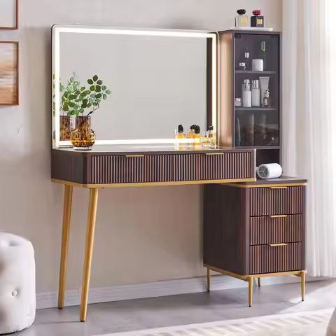 Fluted Makeup Vanity Desk with 36 HD Lighted Mirror, 48 Big Modern Vanity Desk with Mirror and Light