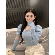 DD SHOPพร้อมส่ง 4Y91 เสื้อไหมพรม แขนสั้น กระดุมทอง แถมปลอกแขน -C