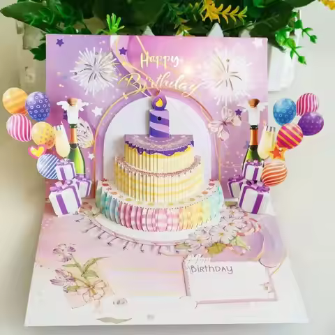 Musical and Light Happy Birthday Card Fireworks Effect Hollow Paper Carving 3D Popup Greeting Card C