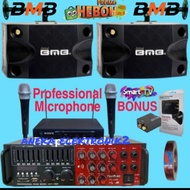 PAKET KARAOKE SOUND SYSTEM SPEAKER BMB 8" + AMPLIFIER DAN MIC WIRELESS