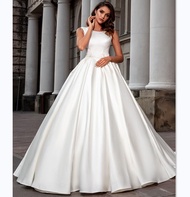 Gaun pengantin Putih O-neck Applique Backless Lace up Wedding Dress putih polos