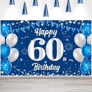 Happy 60th Birthday Banner Party Backdrop 60th Birthday Decorations Blue and Silver 60th Party Decor