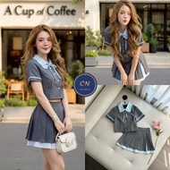 CHN007 CHANAT BRAND Set 2 pcs Gray Short-Sleeved Shirt Matching Pleated Skirt [2PM]