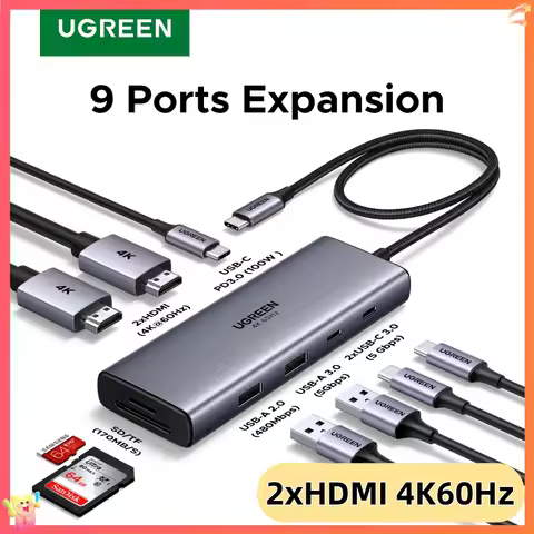 UGREEN USB C HUB 9-in-1 Dual HDMI 4K60Hz Display USB3.0 Type-C&USB-A Data Ports PD100W for Windows L