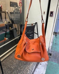 典精品 Hermes 真品 橘色 內拼 黃色 雙拼色 銀釦 Lindy 34cm 手提包 肩背包 現貨