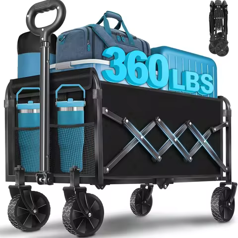 Heavy Duty Folding Garden Wagon 360LBS Capacity Adjustable Handle Collapsible Utility Cart Portable