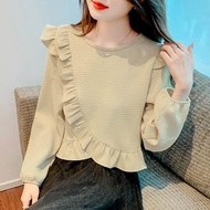 Ready Stock 2023 Autumn Wooden Ear Round Neck Irregular White Blouse Putih Labuh Murah Blause Wanita Baju Kemeja Perempuan Shirt Women