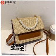 PINLESG Straw Beaded Messenger Bag, Straw Pearl Ladies Handbag, Simple Metal Weave Small Square Bag Women