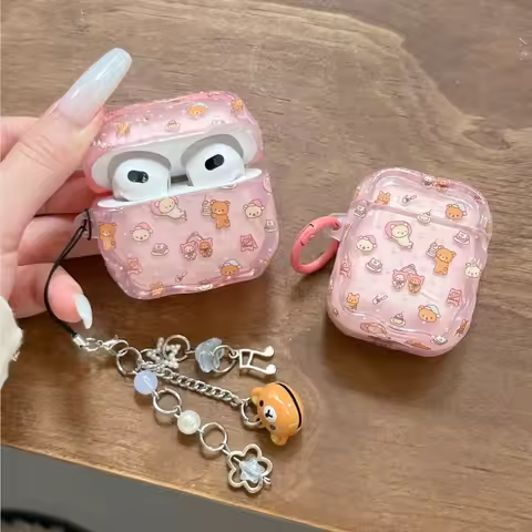 Japanese Korean Cartoon Cute Rilakkuma Headphones Case For AirPods 1/2/3/4/Pro/Pro2/Pro3 with Bell K
