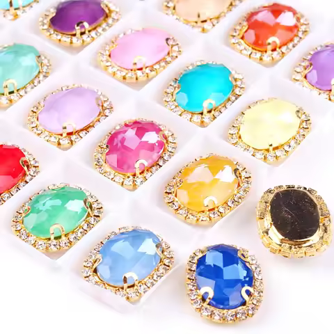 Jelly Candy Oval Shape Glass Crystal with Rhinestone Chain in Gold Metal Claw Settings Oval Shape Se