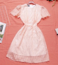 Đầm dự tiệc sang trọng thiết kế chữ a thanh lịch xinh tay ngắn voan lông vũ thời trang cao cấp - Lux