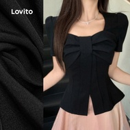 (NEW) Lovito Elegant Tshirt Bow Front Spring/summer Black Tshirt for Women L150ED109 (NEW) Lovito T-