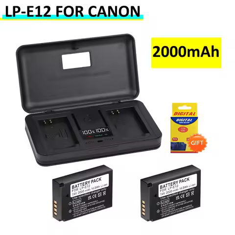 2000mAh LP E12 LP-E12 LPE12 Battery with LCD USB Fast Charger for Canon EOS M50, M100,100D Kiss X7 R