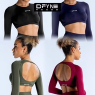 DFYNE Women's Short Top - Hollow Back Yoga Top with High Elastic Long Sleeves