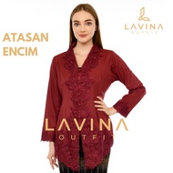 MERAH Lavina - Modern Embroidered Encim Kebaya, Traditional Betawi Batik, Maroon, Red, Heart, Long S