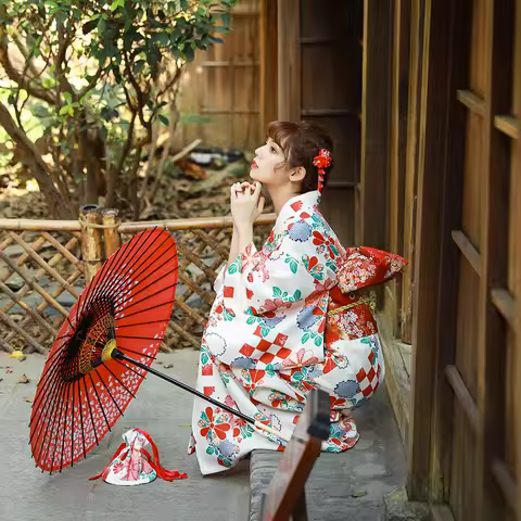 Kimono Woman Japanese Traditional Yukata with Red Obi Printed Yukata Haori Cosplay Stage Show Costum