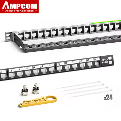AMPCOM 0.5U Blank Keystone Patch Panel, 24 Ports 19 inch Rack or Wall Mount with Rear Cable Manageme
